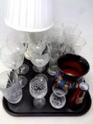 A tray of assorted drinking glasses, Swedish pottery vase,