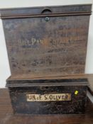 Two antique metal deed boxes