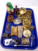 A tray of horse brasses, table lighter, vintage padlock with key,