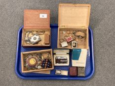 A tray containing costume jewellery, boxed silver thimble, silver lady's wristwatch, dress rings,