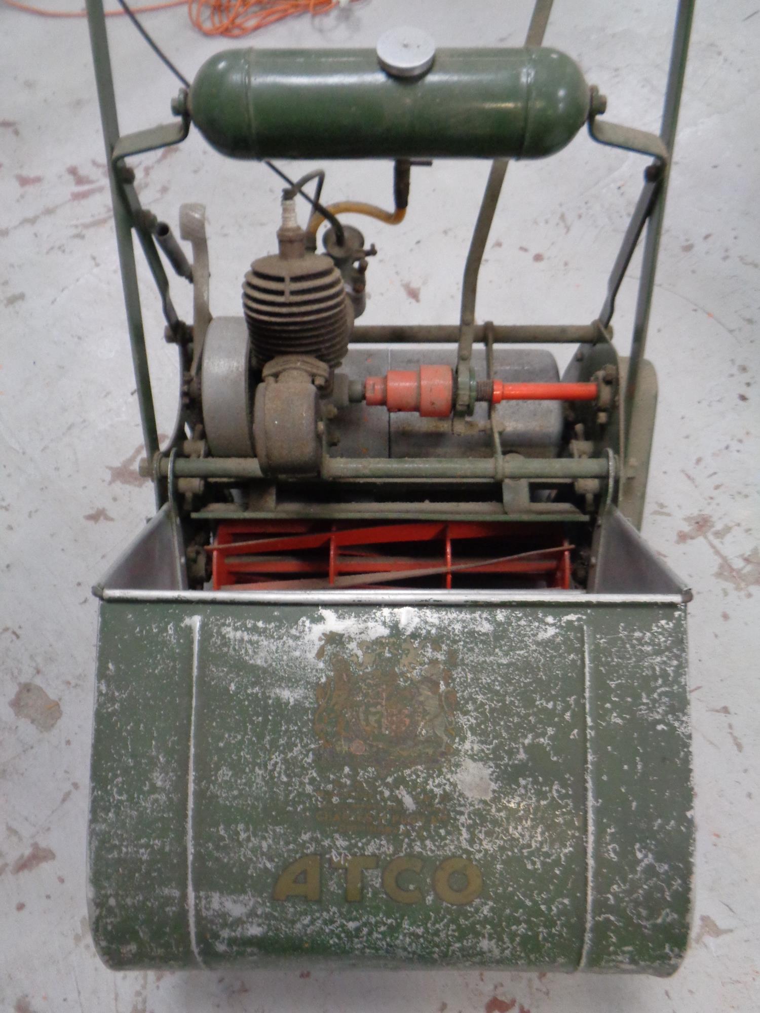 A vintage Atco petrol lawn mower with grass box and roller - Image 2 of 2