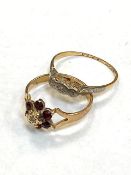 A 9ct gold cluster ring set with garnets, (1.8g), together with an 18ct gold diamond set ring (1.