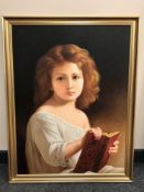 Contemporary school : oil on canvas, portrait of a child reading a book,