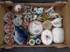 A box of assorted ceramics - oriental wares, glass paperweight, thimbles,
