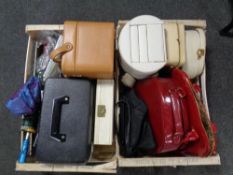 Two crate of assorted hand bags, vanity cases,