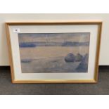 Twentieth century school : View across a river with harbour beyond, watercolour, 42 cm x 25 cm,