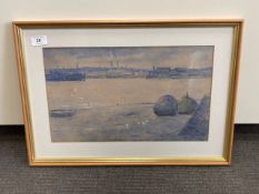 Twentieth century school : View across a river with harbour beyond, watercolour, 42 cm x 25 cm,