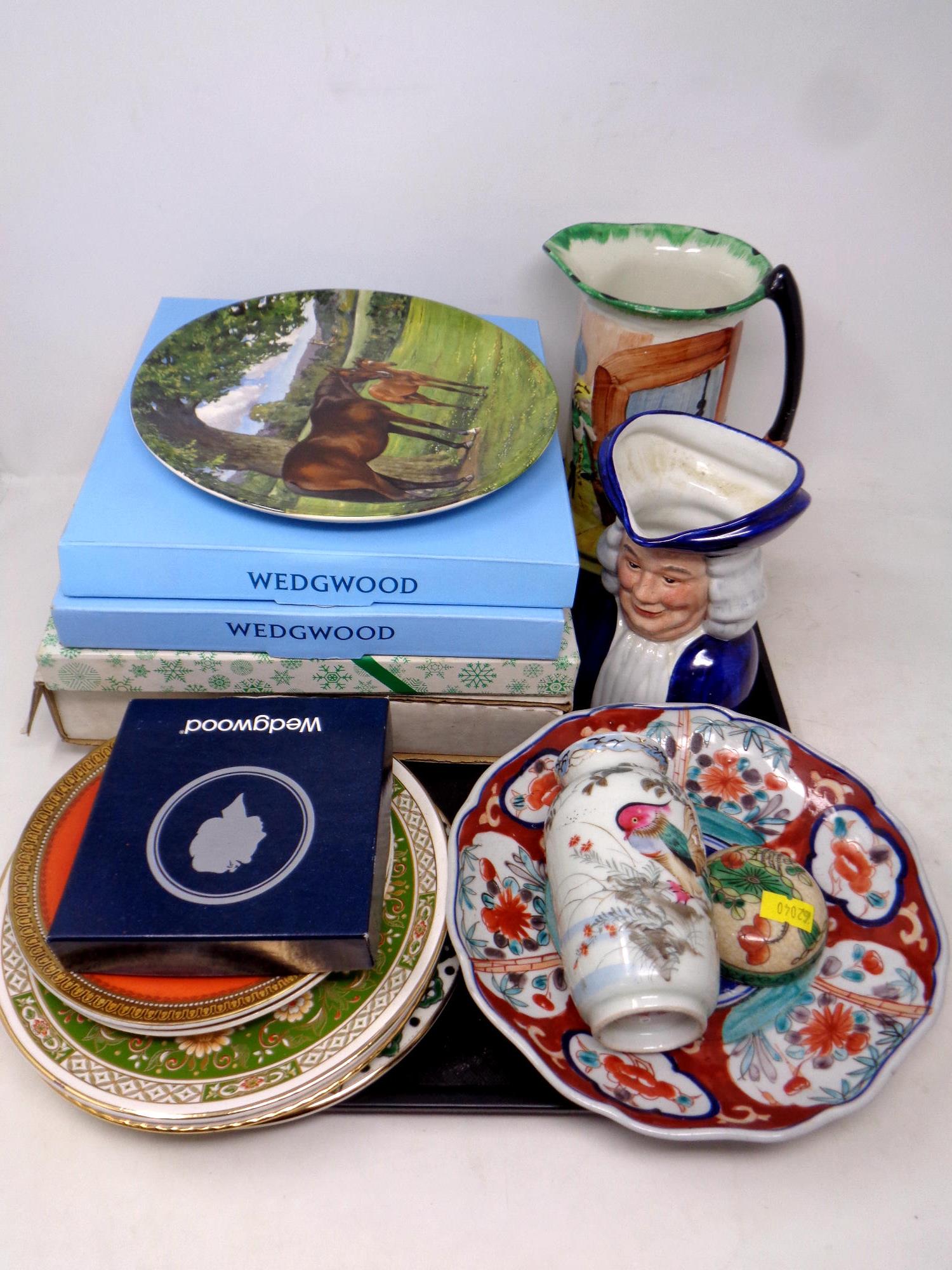 A tray of assorted ceramics to include Imari scalloped edge dish, character jug,