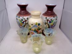 A tray of three Edwardian hand painted glass vases,