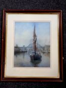 A Walter Holmes signed print depicting a tall ship on the river Tyne