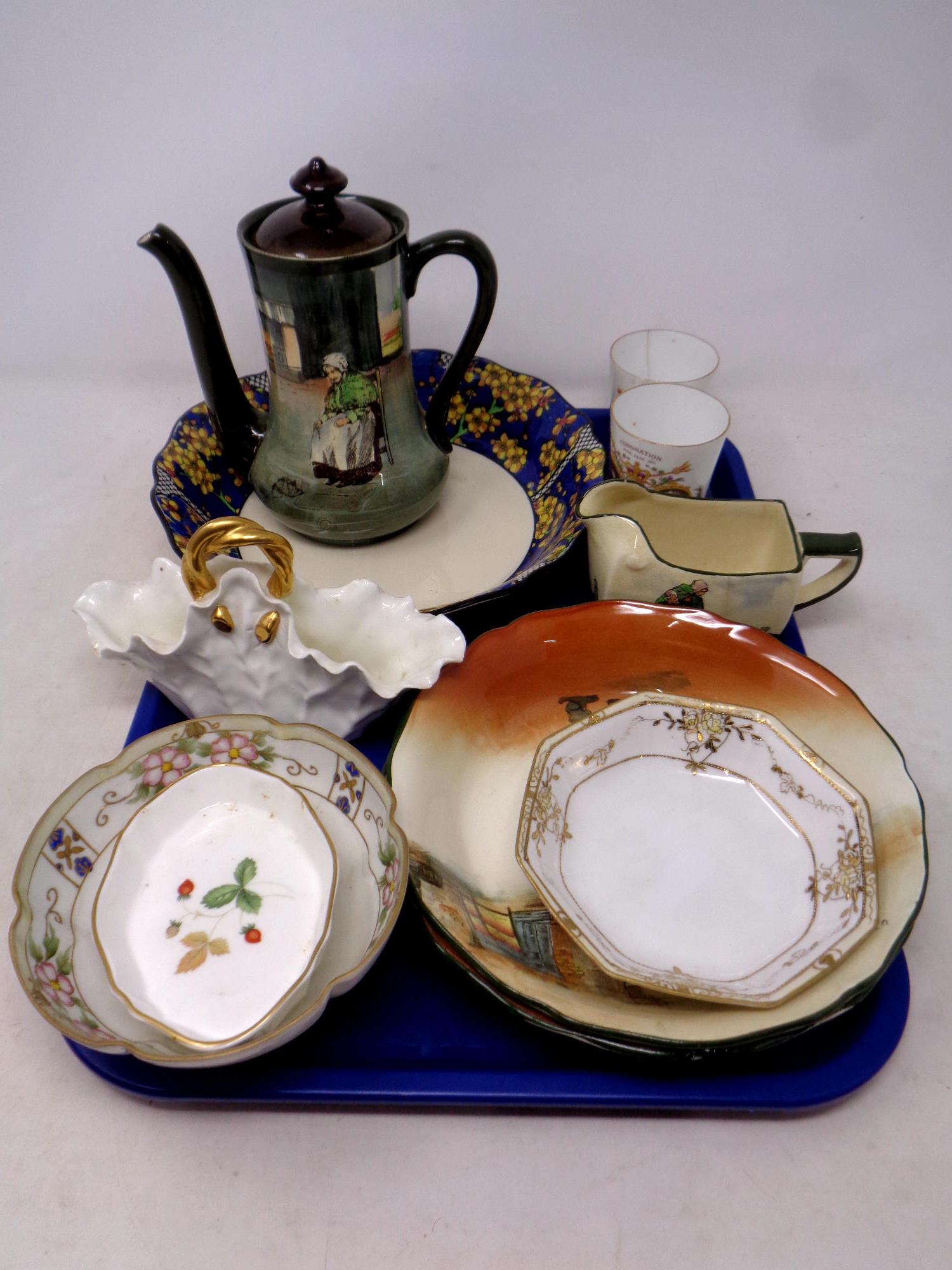 A tray containing assorted ceramics to include Royal Doulton Fagan bowls,