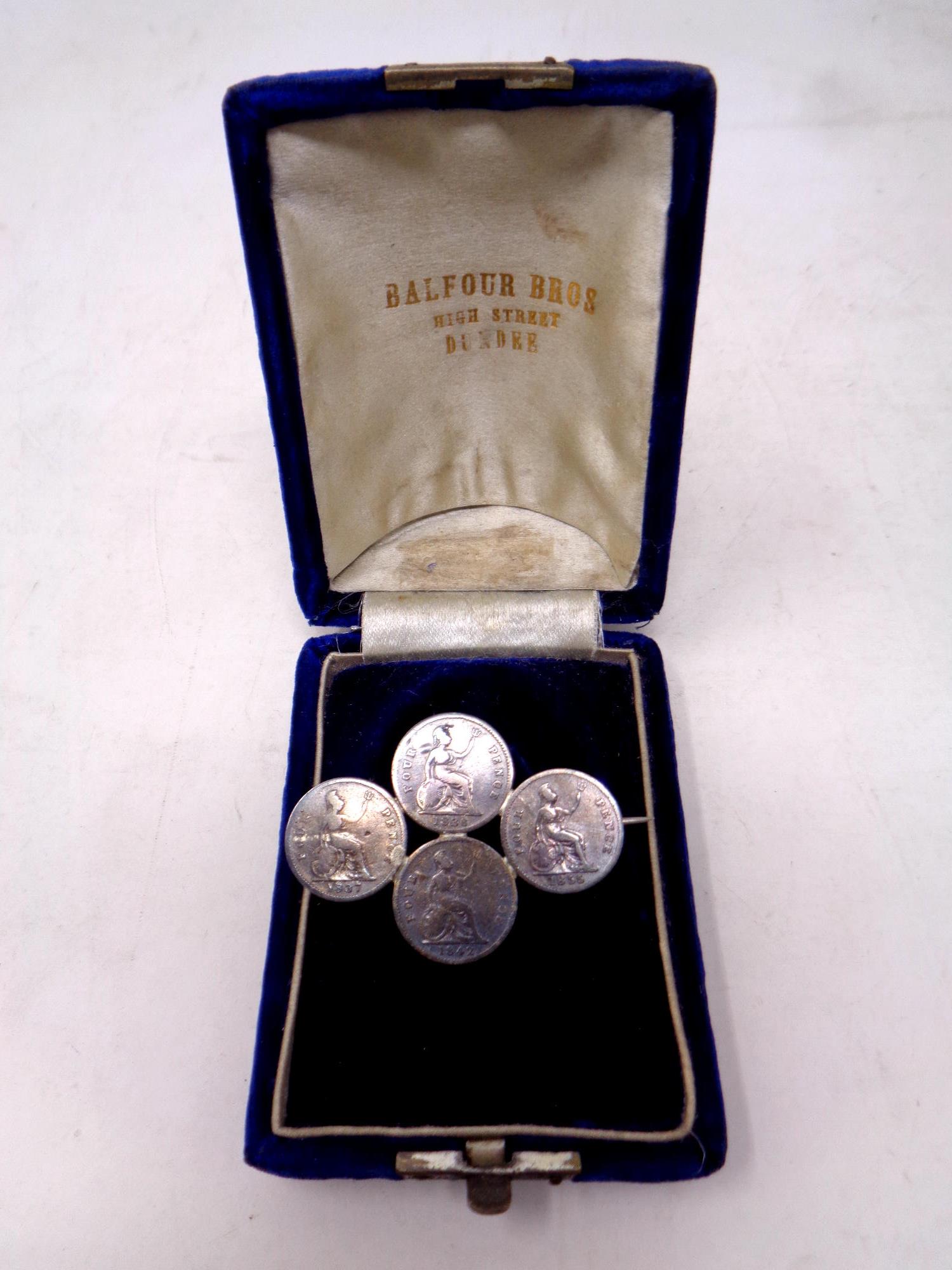 A 19th century silver four pence coin brooch