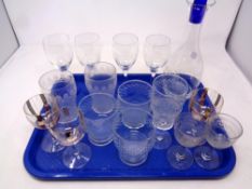 A tray of mid 20th century two tone glass decanter and four matching glasses,