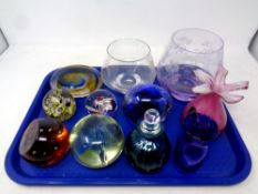 A tray of eleven pieces of glass ware - Caithness, Mtarfa vases,