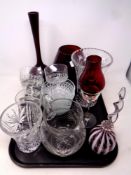 A tray of assorted glass ware including Swedish ruby art glass vase, oversized brandy glass,