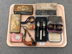 A tray containing opera glasses, pipes including silver mounted example, dominoes, tins,