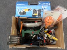 A Bachmayr angle grinder in case and a box of Bosch hand saw, chisels, inspection lamps,