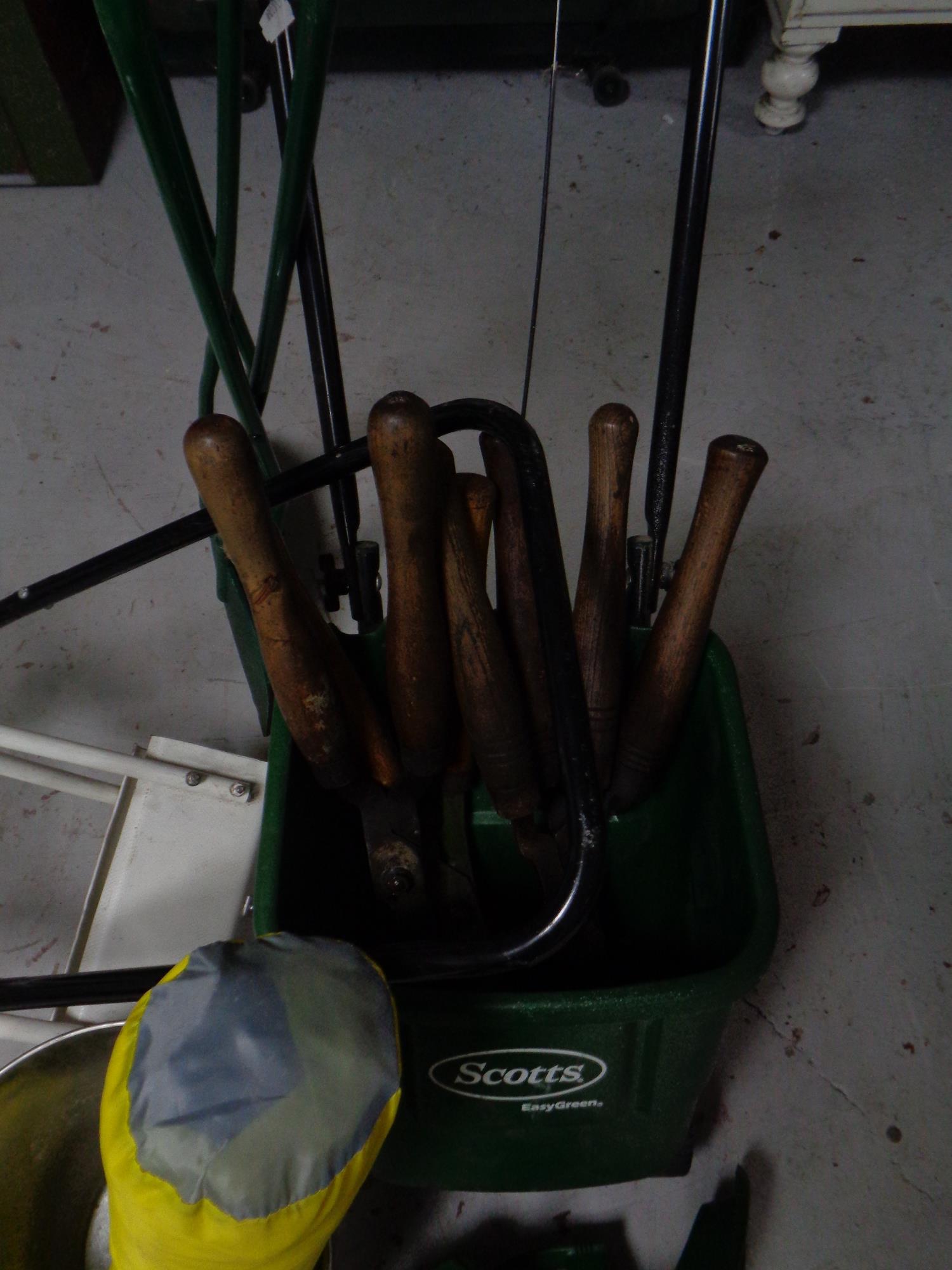 A quantity of garden tools including push mower, seed spreader, aluminium bucket, - Image 2 of 2