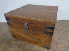 A sheesham wood table box with metal handle and mounts,