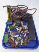 A tray of vintage slide rule, plastic and lead animal figures and accessories,