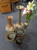 A collection of antique and later brass and copper ware, Eastern brass bucket, planter, vases,