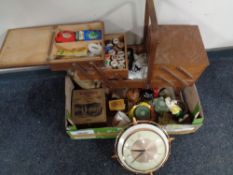 A box of mid 20th century Metamec wall clock, concertina box and contents, wooden tea box,