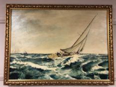 Continental school : sailing boat in rough seas, textured print on canvas,