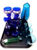 A tray of antique & later glass ware, hand painted blue glass vases,