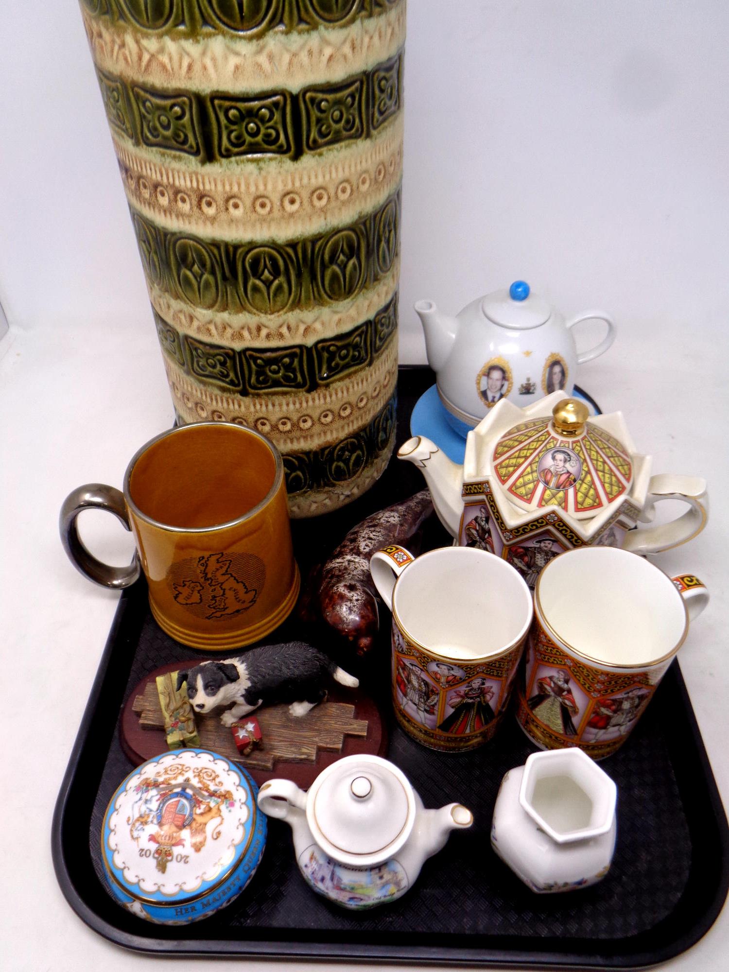 A tray of assorted ceramics - West German vase, Aynsley vase, Sadler Henry VIII teapot,