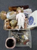 Two boxes of porcelain headed dolls, plated wares, pottery vase,