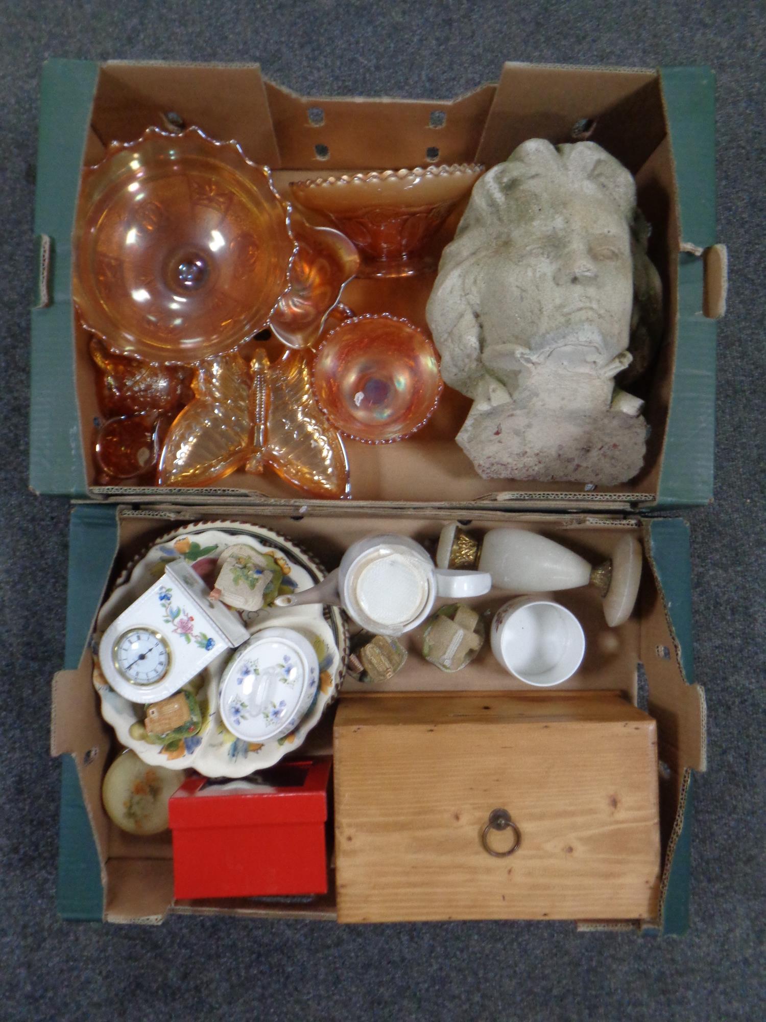 Two boxes of carnival glass, Aynsley clock, pine box,