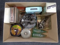 A box of vintage tins, two vintage mincers,