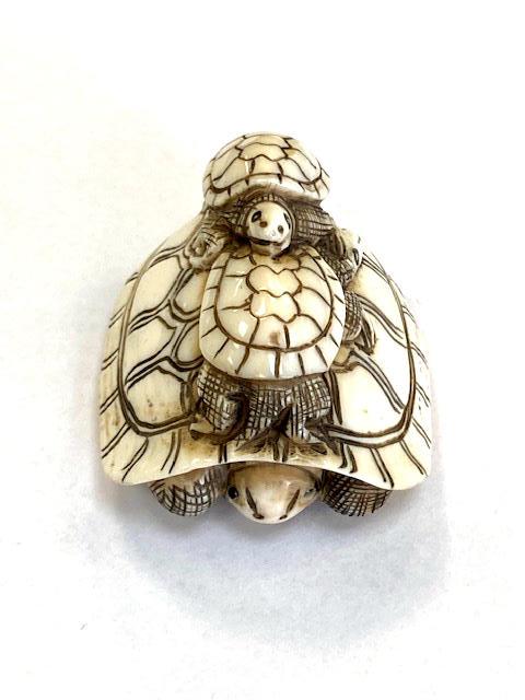 A Japanese carved netsuke depicting a turtle family, length 42 mm.