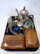 A tray of wooden trinket boxes, plated wares, cruet set,