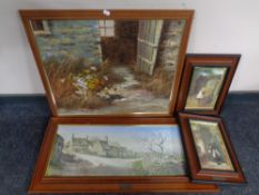 A Chadwick oil on canvas, farm yard, together with three further framed prints - The Visitor,