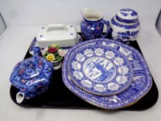 A tray of Rington ceramics, chintz teapot, water jug, wall plates,