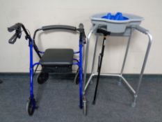 A Days mobility walking aid/seat together with a Days walking stick and zimmerframe with caddy