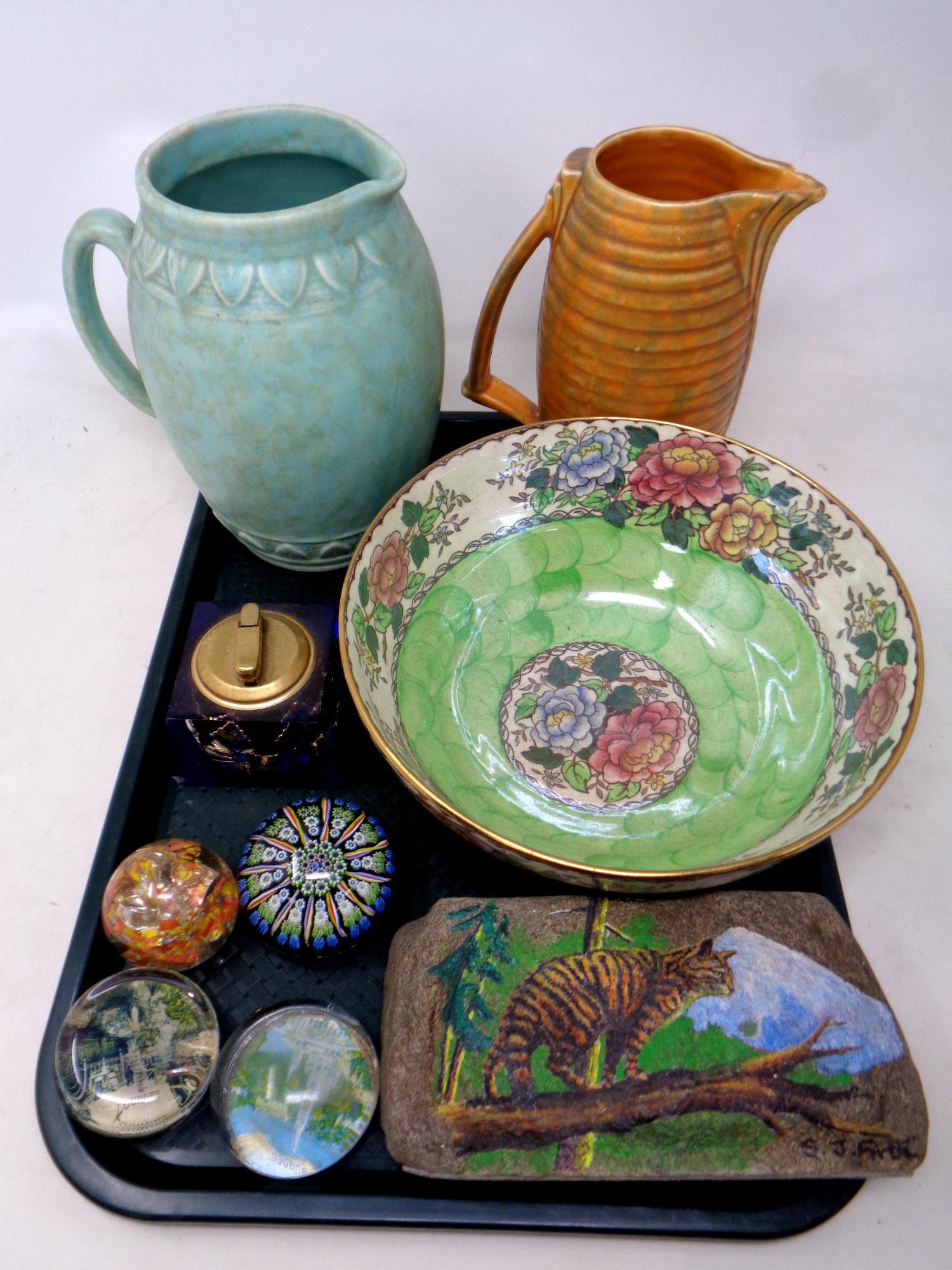 A tray of glass paperweights, Maling peony rose bowl, hand painted rock,