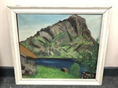 Continental school : lake with mountain beyond, oil on canvas,