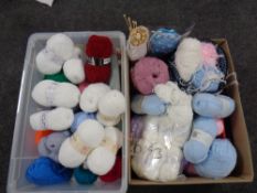 Two boxes of wool and knitting needles