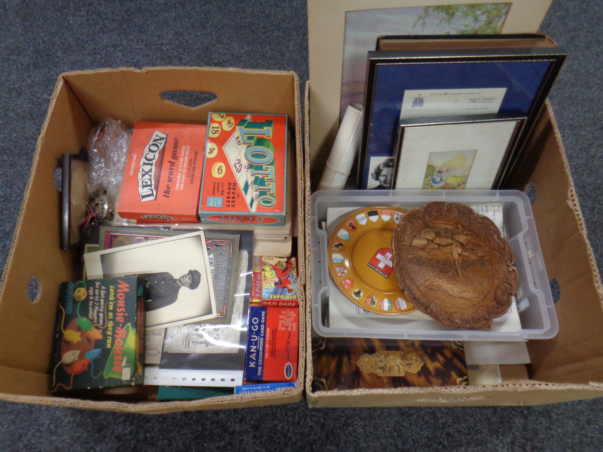 Two boxes containing vintage games and playing cards, Margaret Thatcher letter and signed photo,