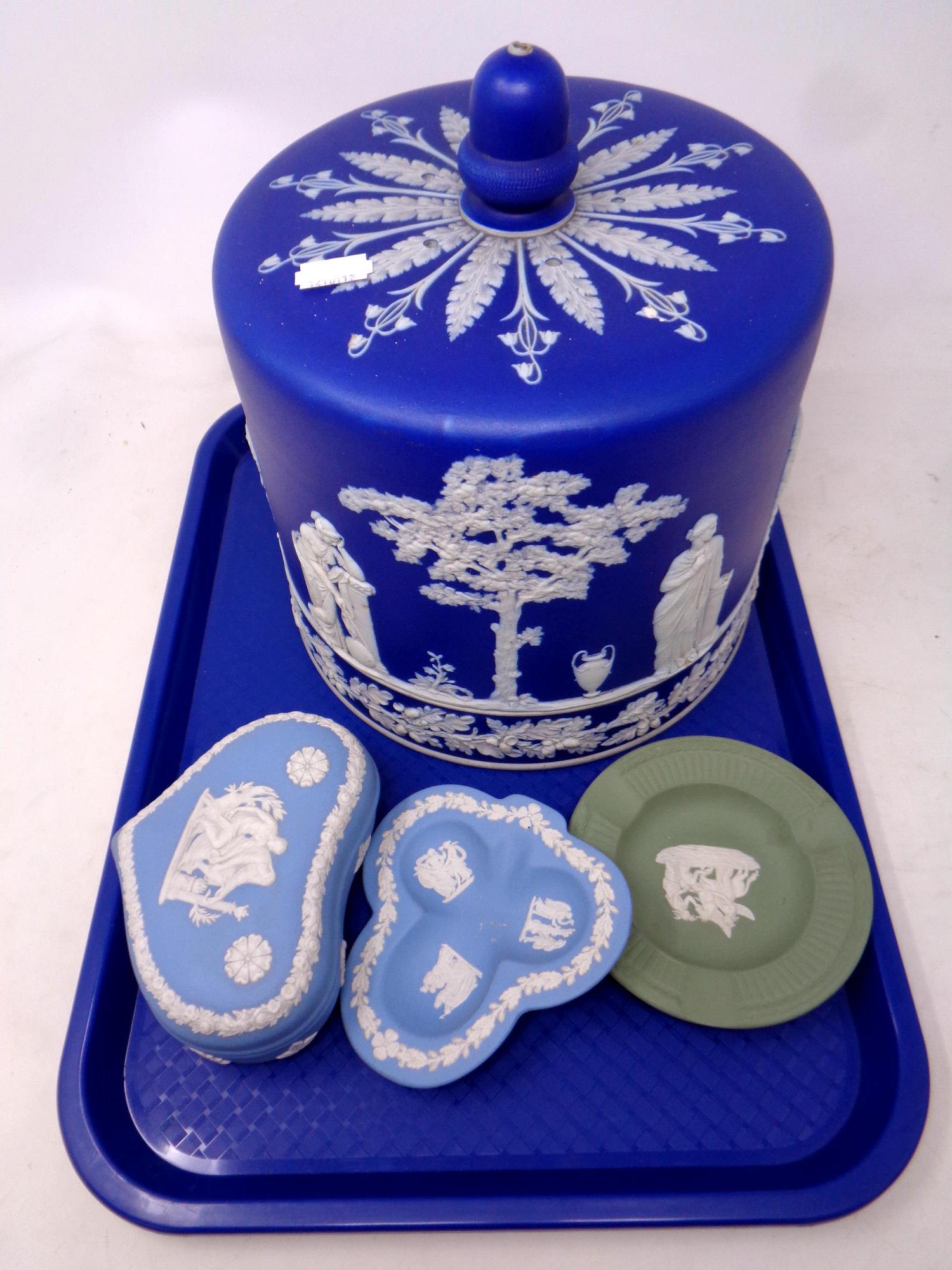 A tray of four pieces of Wedgwood Jasperware - cheese dish cover, ash tray,