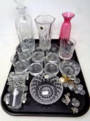 A tray of assorted glass ware - Gleneagles Crystal decanter and six glasses, cranberry glass vase,