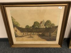 Continental hand coloured etching, depicting a thatched barn,