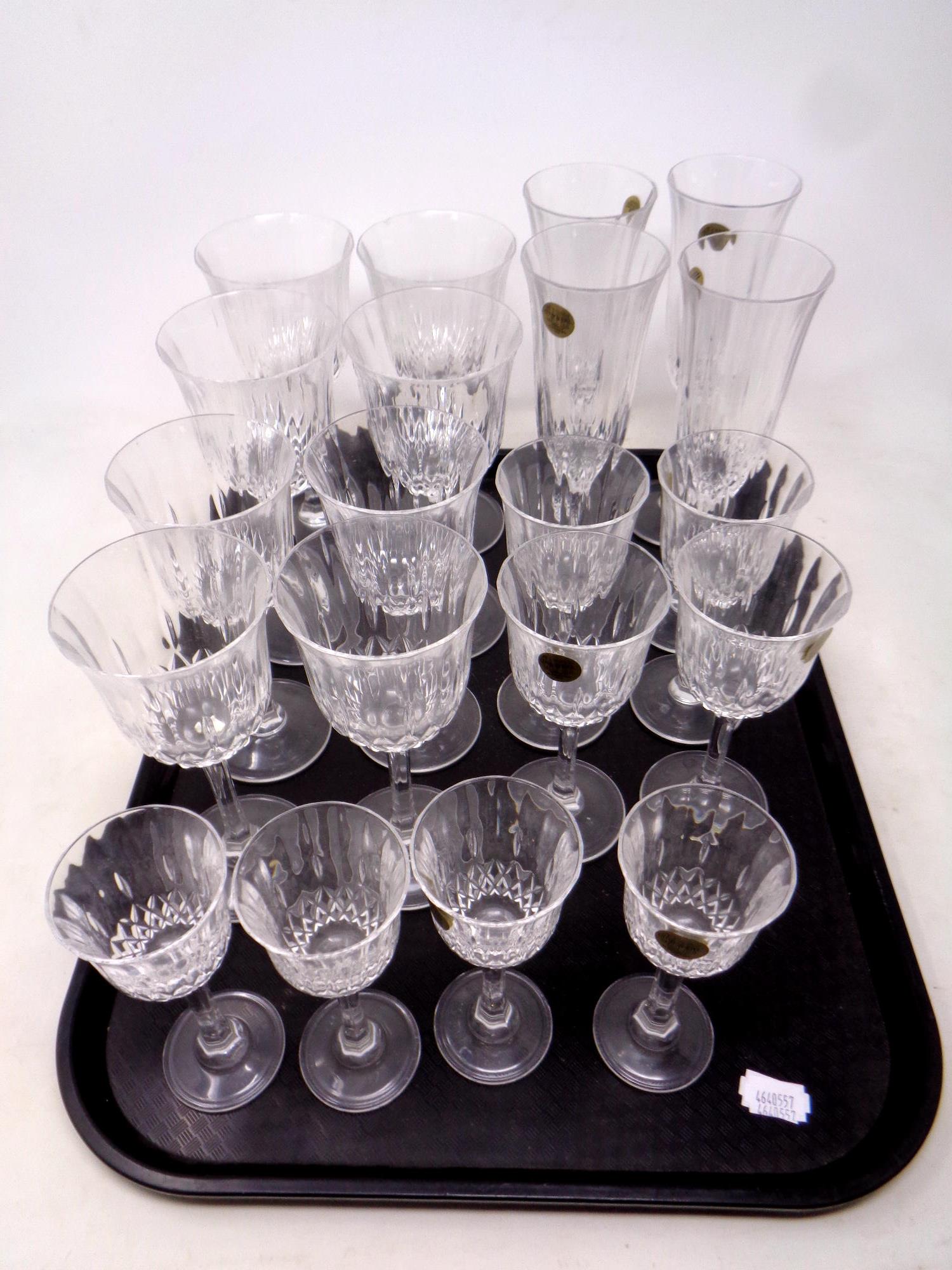 A tray of five sets of four Italian Crystal drinking glasses