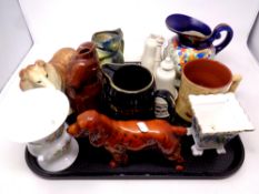 A tray of ceramics to include a hand painted Art Deco jug,