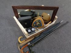 A box of Optimar 7 x 50 field glasses, walking sticks, umbrellas, carved framed mirror,