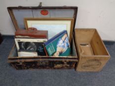 An antique tin case containing framed print, LP's,