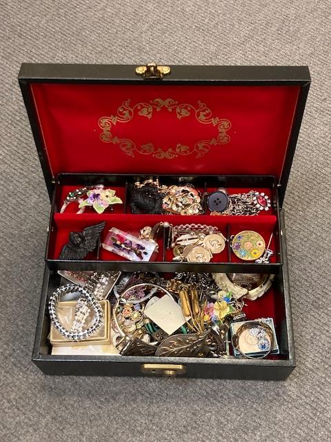 A jewellery box containing costume jewellery, Victorian pinchbeck cameo brooch, wristwatch,