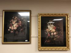 Two gilt framed colour prints, depicting flowers in vases,